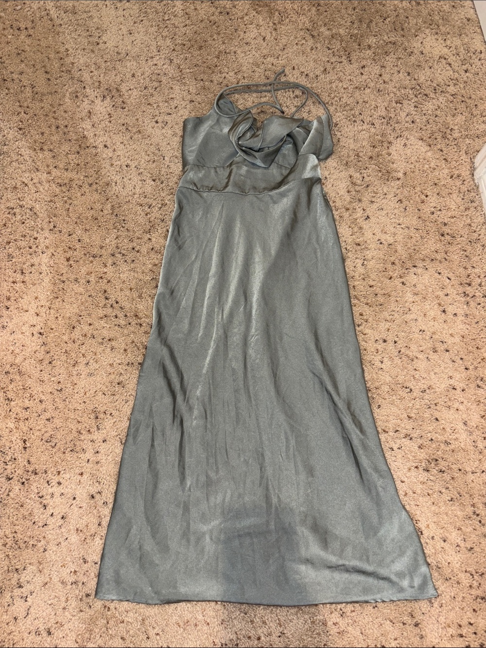 White Fox Satin Halter Slip Dress in Shimmery Gray Green Size Medium